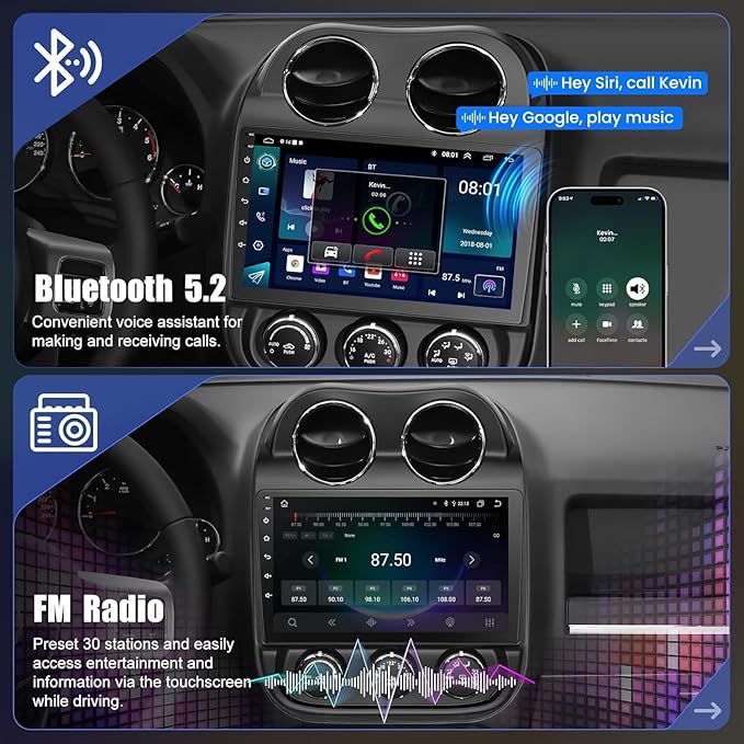 8 Core +64GB Car Radio for Jeep Compass Patriot 2010-2016,10.2 Inch QLED Touchscreen with Carplay&Android Auto,Support Bluetooth,Back-up Camera,FM Radio,SWC,GPS Navigation