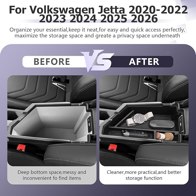 LUWU Center Console Organizer Compatible with 2020-2024 2025 2026 V olkswagen Jetta S/SE/SEL/Sport Accessories Armrest Console Secondary Storage Box Insert Tray ABS Material Black