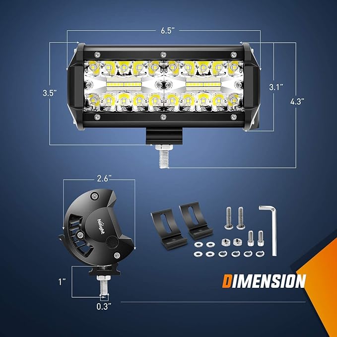 Nilight 6.5Inch 2PCS 120W Spot & Flood Combo Bar Driving Waterproof Led Work Light Triple Rows with 5 Pin Rocker Switch Power 16AWG Wiring Harness Kit-2 Leads for Off-Road Truck , 2 Years Warranty