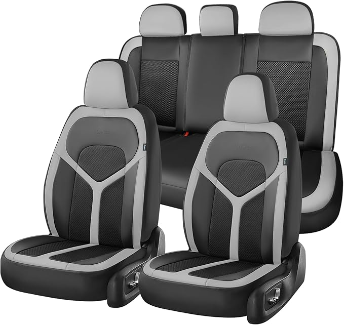 FLORICH Car Seat Covers Full Set, Universal Seat Cover 5 Seats, Automotive Seat Covers with Mesh Leather, Waterproof Car Seat Protector, Breathable Car Seat Cushion for Most Car SUV Truck, Gray