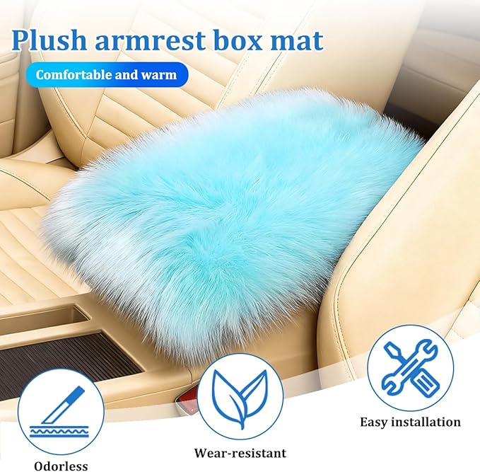Car Center Console Cover, Fluffy Soft Vehicle Middle Console Arm Rest Cushion Pad, Furry Automotive Interior Armrest Seat Box Protector Decoration Accessories, Universal Fit (Light Blue)