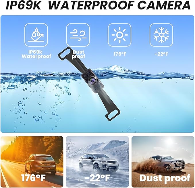 Backup Camera HD 1080P Wired Easy Setup Plug-Play Rear View License Plate Bracket Camera Motion Detection IP69 Waterproof - 4.3 inch Monitor Full Color Clear Night Vision Camere for Car Truck SUV RV
