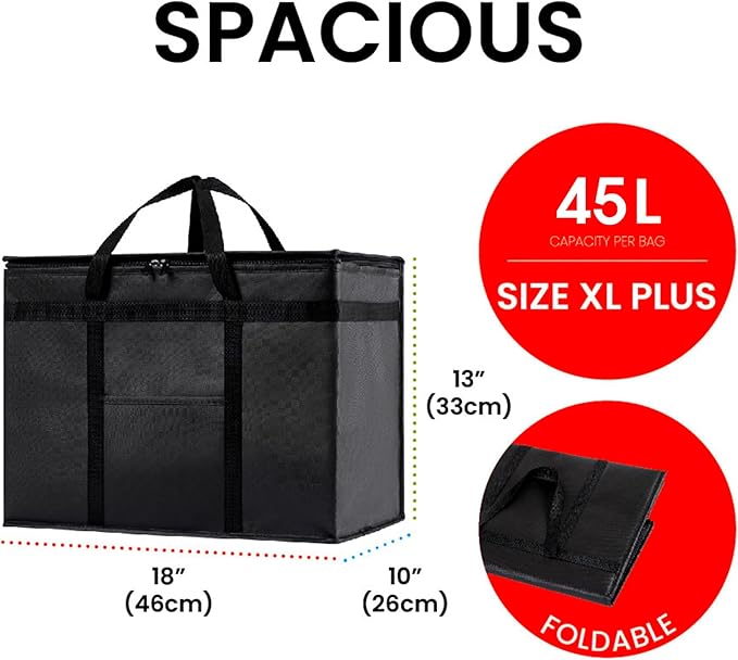 NZ home Insulated Bags for Food Delivery (XL Plus) Grocery Shopping Cooler Bag, Pizza Delivery, Hot & Cold Catering Tote, Reusable, Foldable & Heavy Duty (2 Pack, Red)