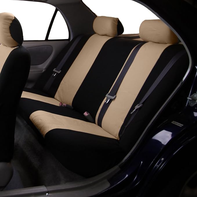 FH Group Car Seat Covers Flat Cloth Automotive Beige Full Set, Rear Solid Bench Universal Fit Combo Steering Wheel Cover & Seat Belt Pads Car Seat Protector for Cars Trucks SUV Interior Accessories