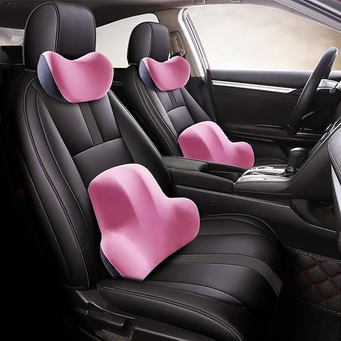 Car Headrest & Lumbar Support Cushion for Kia Sportage NQ5 2023, Ergonomic Memory Foam Seat Headrest Neck Rest Cushion Travel Kit Removable for Neck Back Pain Relief,Pink