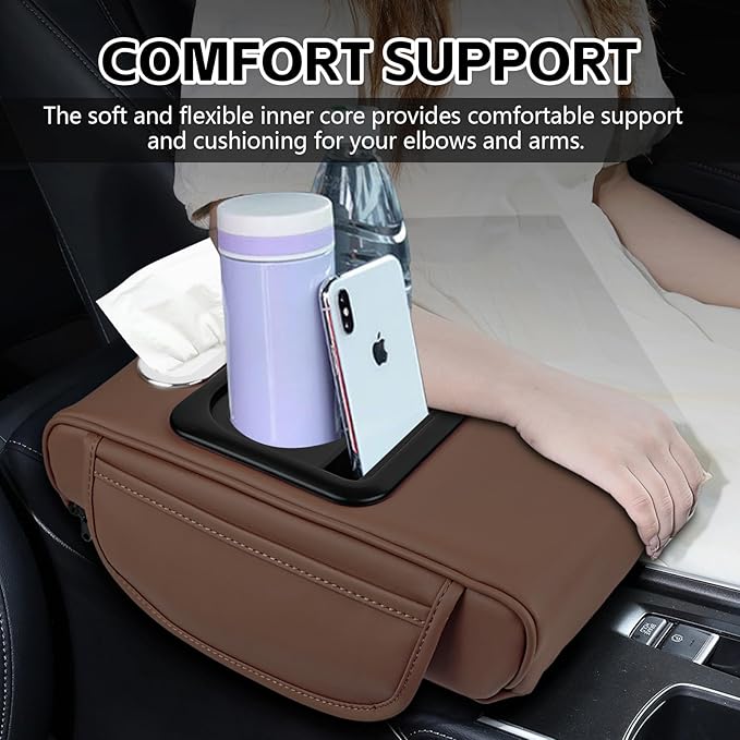 wuyaoyao Car Center Console Cover, 13.39"×8.27"×3.15" Leather Car Armrest Cover with Pocket & Tissue Box & Cup Holder, Multifunctional Auto Armrest Cushion Pad, Universal Car Accessories (Brown)