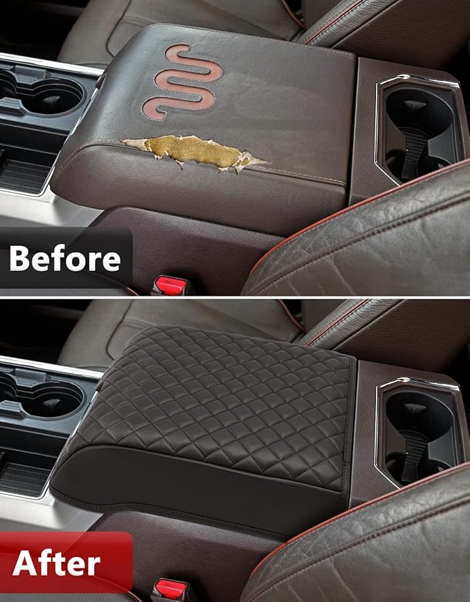 KBH Center Console Armrest Cover for 2015-2020 Ford F150, 2017-2022 F250 F350 F450 F550, 2018-2024 Expedition, Bucket Seat, PU Leather Cushion Thick Pad, Anti-Scratch, Brown (Not for Other Models)