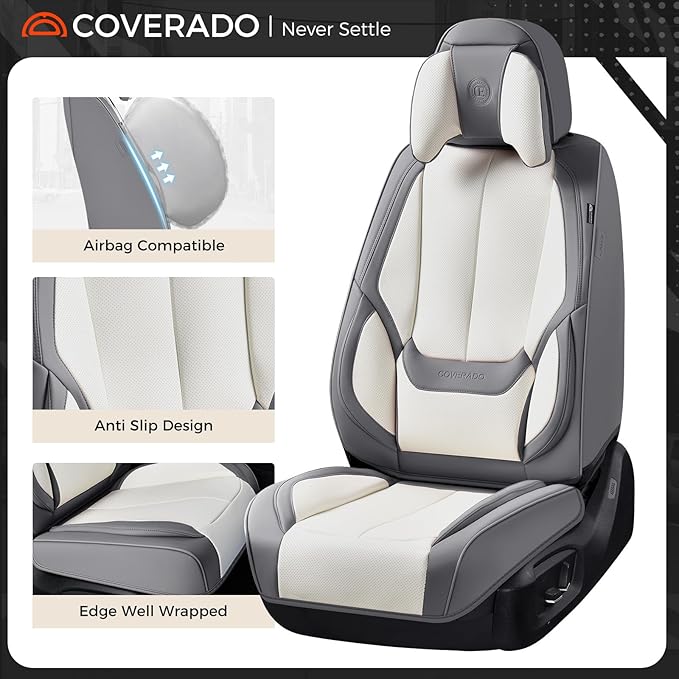 Coverado Seat Covers Full Set, 5 Seats Seat Covers for Cars, Waterproof Nappa Leather Car Seat Covers with Head Pillow, Seat Protectors Car Seat Cushion Universal Fit for Most Cars (Gray&White)
