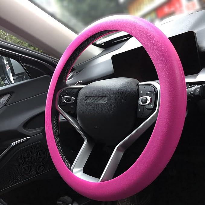 Pink Car Steering Wheel Cover: Universal 13.5 to 15 inches Silicone Steering Cover Compatible with Most Car Models Fit for Round Shpe D Shape