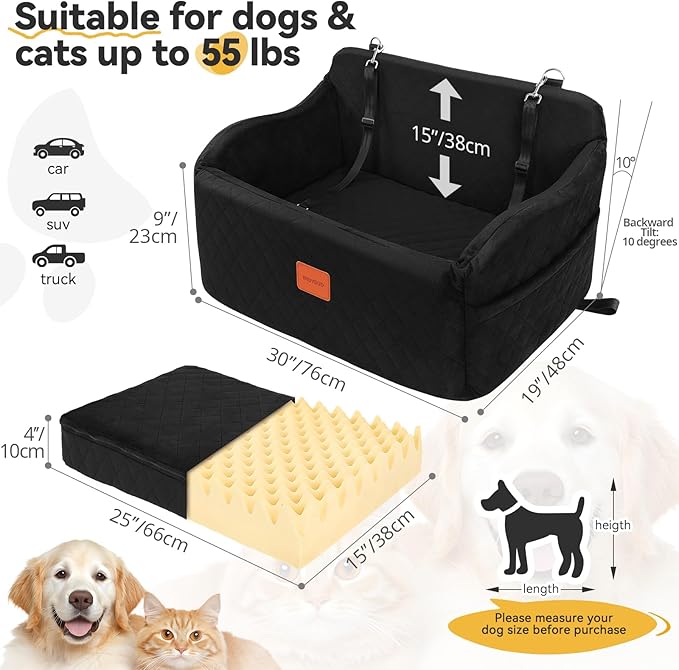 Dog Car Seat for Medium/Large Dogs, Memory Foam Pet Booster Seat for Under 55 lbs or 2 Small Dogs, Detachable Washable Dog Car Bed for Backseat with 2 Safety Leashes and Pockets(Black, Large)