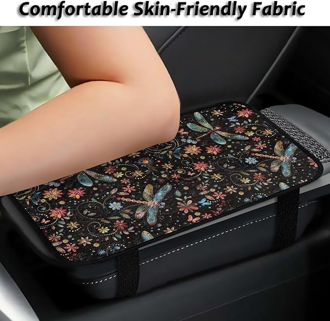 Flower Dragonfly Car Armrest Cushion Scratch Resistant Car Center Console Cushion Pad Full Coverage Armrest Cover Center Console Cushion Fit for Cars Truck SUV or Vans