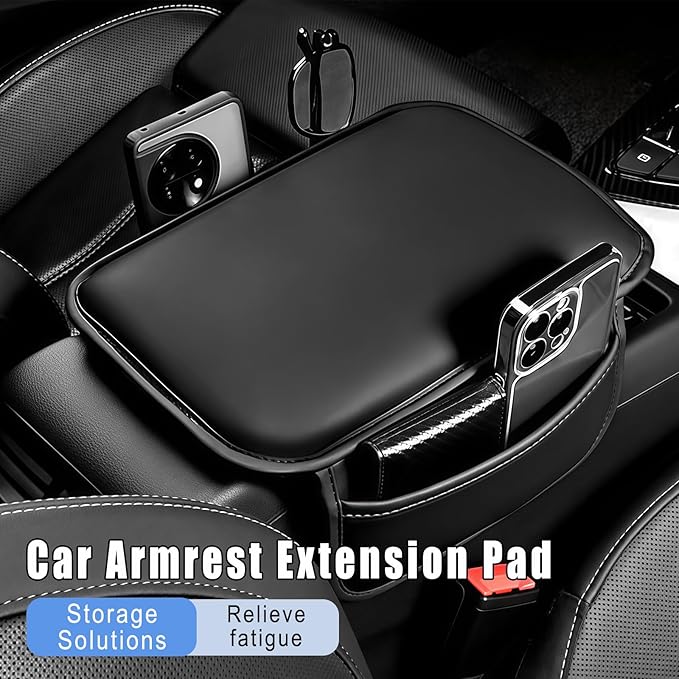 Car Center Console Cover, Leather Arm Rest Cover for Car, Middle Console Cushion with 2 Storage Bags, Universal Auto Interior Accessories for Most Trucks SUVs Sedans (Black)