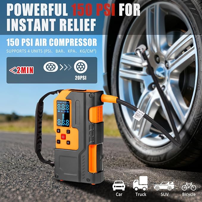Car Roadside Emergency Kit, Jump Starter with Air Compressor, First Aid Kit, Tow Rope, Roadside Safety Emergency Tool Kit for Women, Men, Teen (Orange)