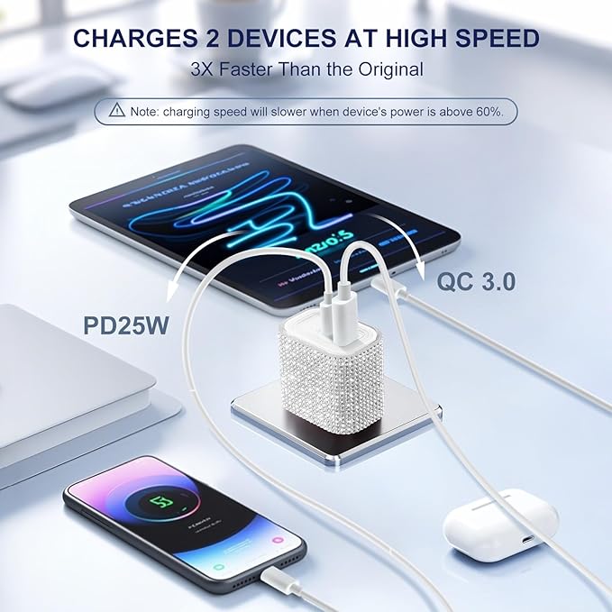 Aolcev for iPhone Charger Fast Charging Bling 2 in 1 USB A USB C Charger Block 25W Type C Fast Charging Blocks for iPhone 17 16 15 14 13 iPad Bling USB C Adapter for Galaxy S26 S25 Rhinestones Sliver