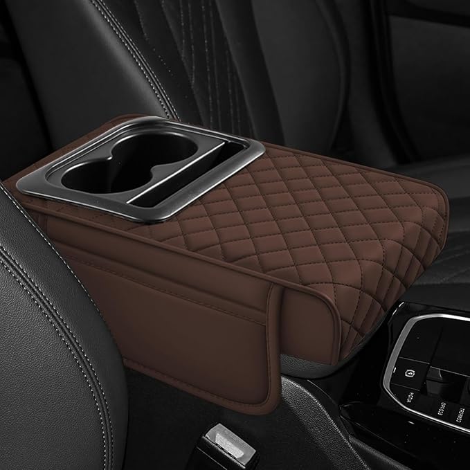 Hovom Car Center Console Cover, 13.39"×7.87"×2.76" Leather Armrest Cover for Cars, Memory Foam Armrest Pillow with Pocket, Cup Holder & Phone Slot, Universal Vehicle Arm Rest Cushion Pad (Coffee)