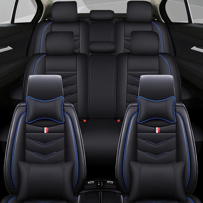 Car Seat Cover 7 Seats for Ford Explorer 2000-2025, Waterproof Durable Compatible Airbag, Premium Leather Seat Protector(7 Seats Luxury,Black Blue)