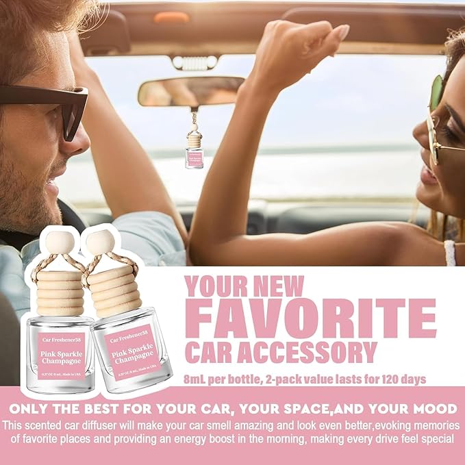 C Classy Hanging Car Air Freshener 2 Pack, Pink Sparkle Champagne Essential Oil Diffuser, Long-Lasting Fragrance, Cute Glass Bottle Car Accessories for Women & Men, Made in USA