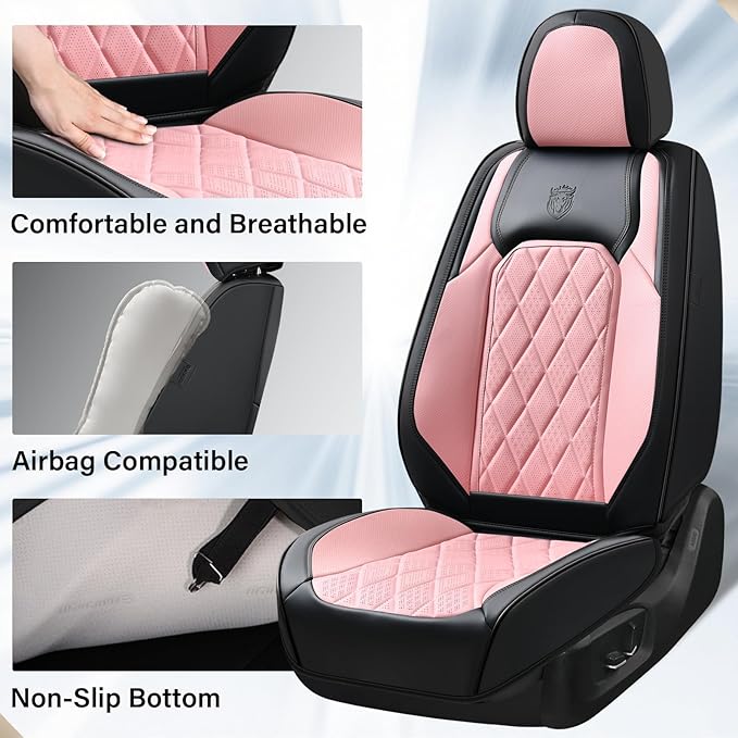 Coverado Leather Seat Covers, Car Seat Covers Full Set, Waterproof Faux Leather Pink & Black Seat Covers, Car Seat Protectors 5 Seats, Automotive Seat Covers Universal Fit for Most Cars SUV Trucks
