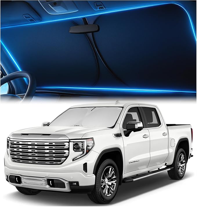 Windshield Sunshade for GMC Sierra 1500 2500 3500 (SLT AT4 Denali) 2019-2026 - No-Light-Pass Technology, Mirror Cut-Out, Blocks 99% UV Rays, Fade-Resistant, Easy-Fold Sierra Windshield Sun Shade