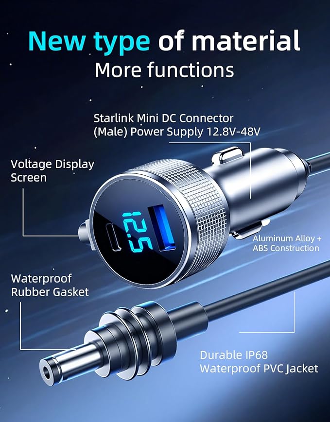 Starlink Mini Cable, 3 in 1 Starlink Mini Car Adapter DC Power Cable and Cigarette Lighter Adapter 12V-48V with Voltage Display, Durable USB-C PD 45W and USB-A 35W Ports，Suitable for Cars（16.4FT）