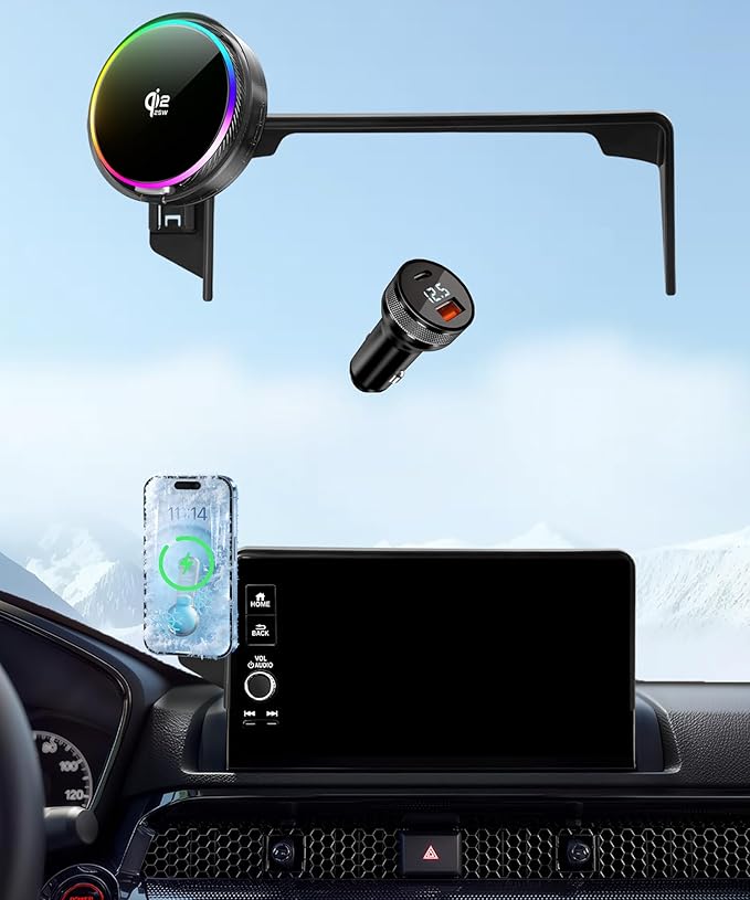 Qi2.2 25W Magnetic Car Mount Charger for Honda CR-V 2023-2026/HR-V 2023-2026 Accessories 7/9 Inch Screen Fixed Clip Fast Charging Cell Phone Holder with Cooling Fan＆54W Fast Adapter