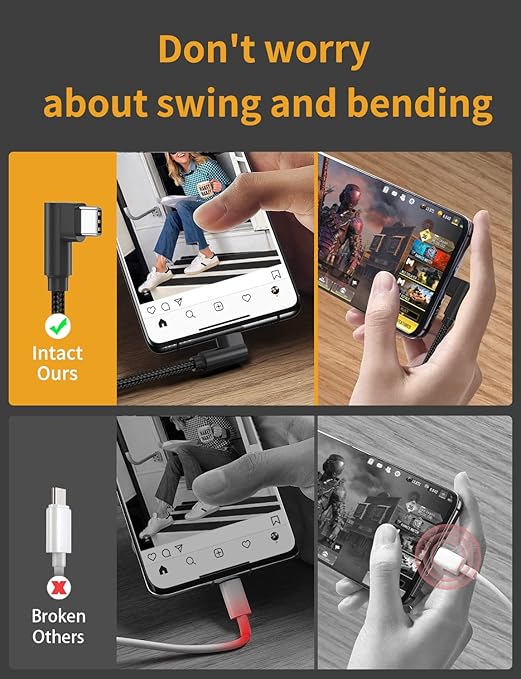 USB C Cable Right Angle [3-Pack, 6.6ft] 3A USB Type C Charger Fast Charging Cable, 90 Degree USB A to USB C Nylon Braided Cord for iPhone 17 16 15 Pro Max Plus, Galaxy S24 S23,Note 20, Moto G, LG, PS5