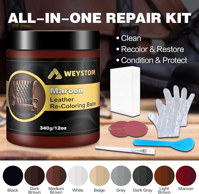 Leather Recoloring Balm, 12oz Large Size Leather Dye, Color Restorer, Scratch Repair, Furniture & Couch Restorer Kit, Repair Kit for Furniture(Maroon)