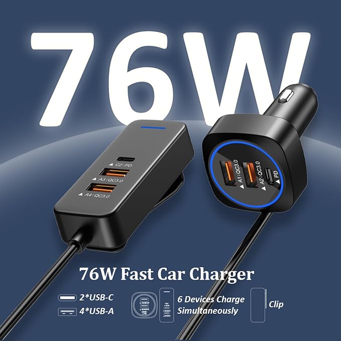 Car USB Charger Multi Port with 5.9FT Extension, QC3.0 76W Fast Charging Cigarette Lighter USB C Charger Adapter Multiple Ports for Mobile Phones and ipad