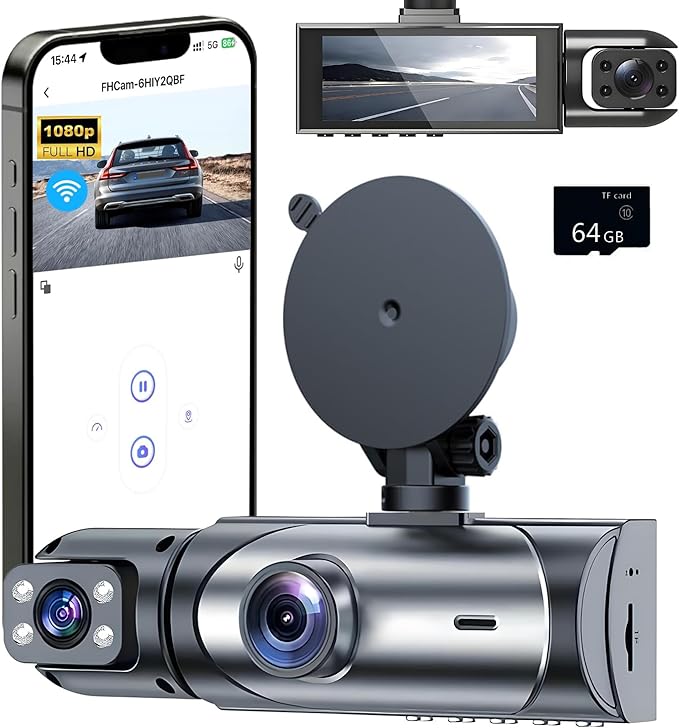 1080P Dash Cam Front Inside, Full HD Dual Dash Cam for Cars, WiFi Dash Camera, 3.16" Screen,Night Vision,G-Sensor, Loop Recording, APP Control, 170°Wide Angle, Include 64GB Card