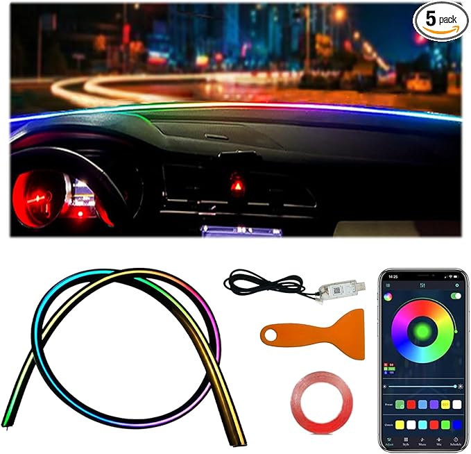 Acrylic Interior Car LED Strip Light with Motion-Activated Switch, 55.1" Neon Ambient Light, RGB Colors, APP/Touch Control, Music Sync