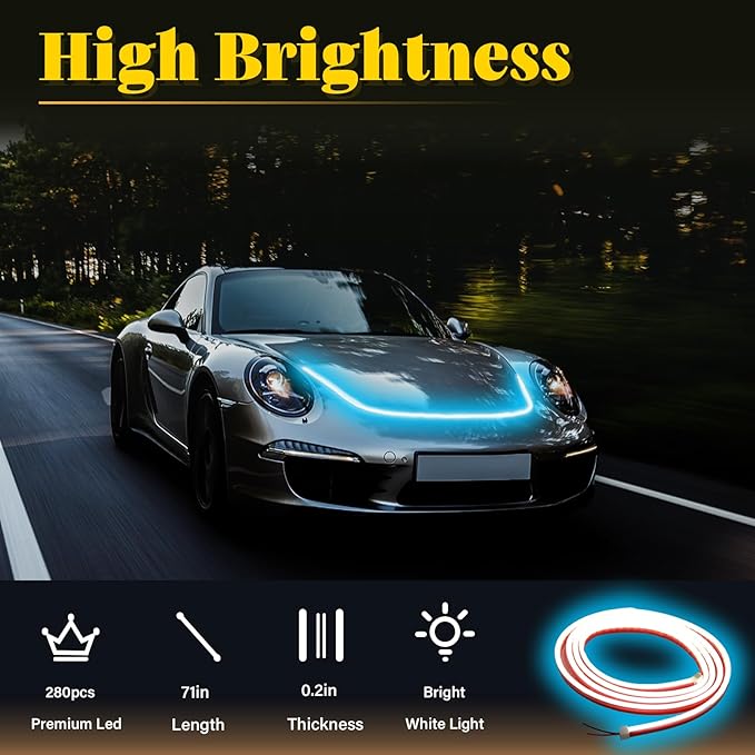 DIBMS 71-inch High-Brightness Car Hood Gap LED Light Strip - Universal Universal Auto Exterior Decor Accessories (Ice Blue)