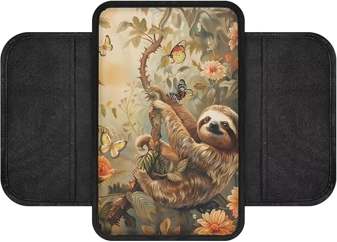 Butterfly Sloth Floral Print Car Center Console Cover Waterproof Automobile Armrest Covers Scratch-Resistant Car Armrest Cover Cushion Car Armrest Storage Box Mat Car Armrest Cover Cushion
