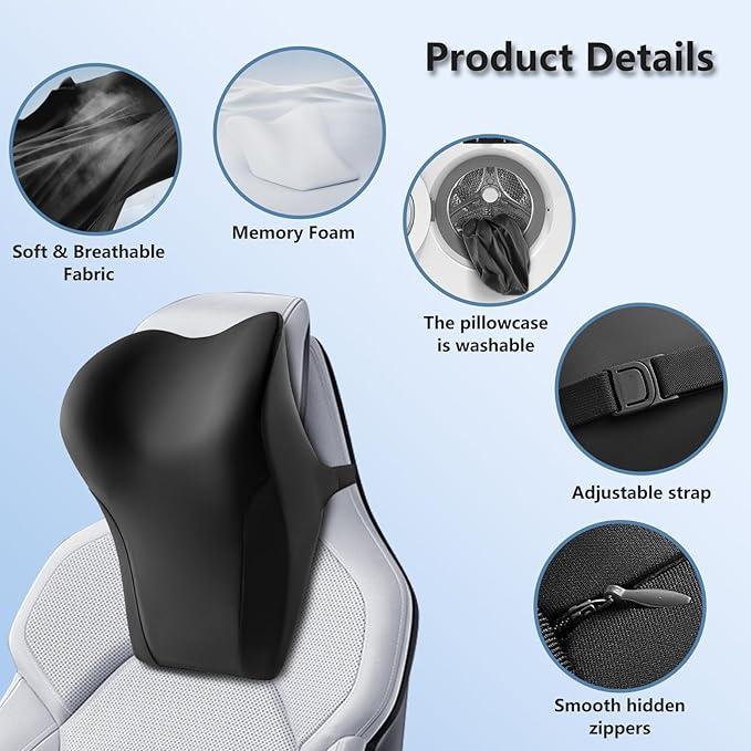 BABUR Car Headrest Pillow | Ergonomic Memory Foam Neck Shoulder Support Pillow with Adjustable Design & Enlarged Surface | Pain Relief for Driving Travel Sleeping | Black 1 Pack