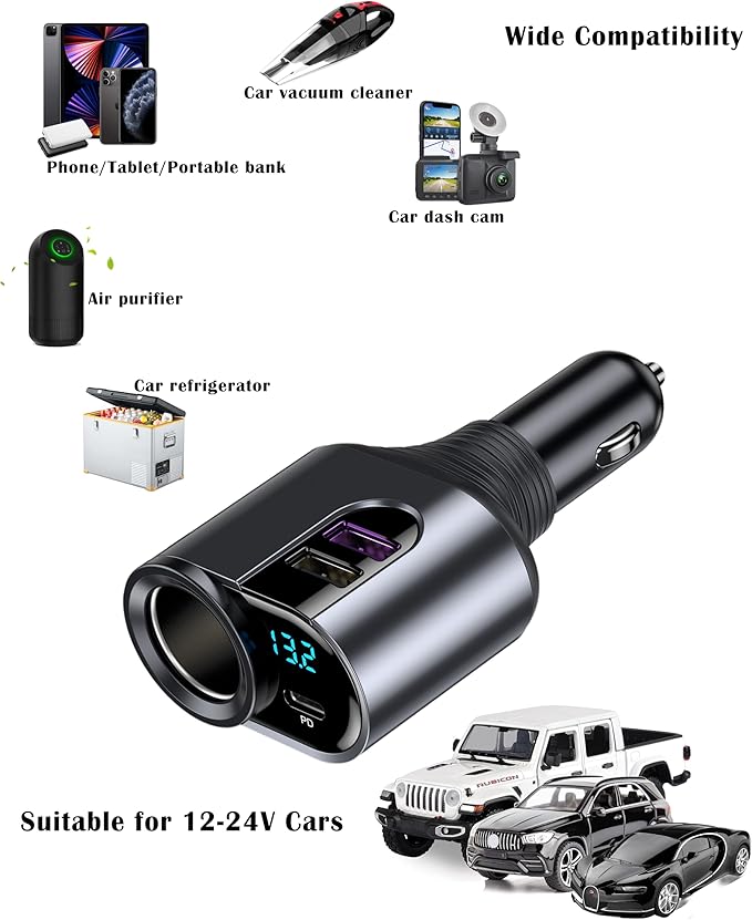 LIHAN USB C Car Charger, 12V/24V Cigarette Lighter Socket Splitter with 3 USB Ports, PD 30W Fast Charging, Compatible with iPhone, Galaxy, iPad, GPS, and More