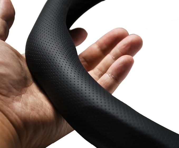Quick Install Sporty Black Perforated Nappa Leather Steering Wheel Cover for All 14½ to 15 inches Car Sedan Coupe SUV Pickup 14.5 to 15