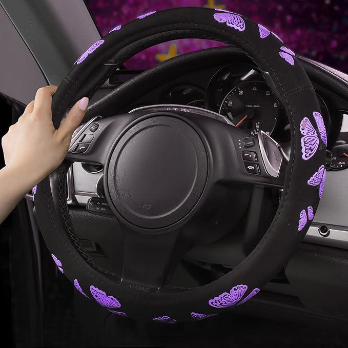 Car Pass Purple Butterfly Steering Wheel Covers, 14.5" to 15.5" Car Wheel Cover Universal Fit for Suvs, Small Trucks, Sedans, Cars for Cute Women Girly (Black and Purple)