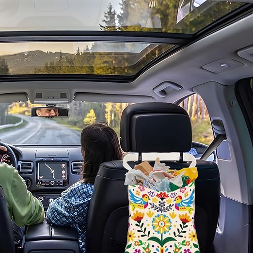 Abstract Birds Flowers Print Car Trash Bag Hanging Garbage Bag with Snap Buttons Car-Back Seat Trash Storage Portable Dustbin for Vehicle Interior Accessories Travelling Camping