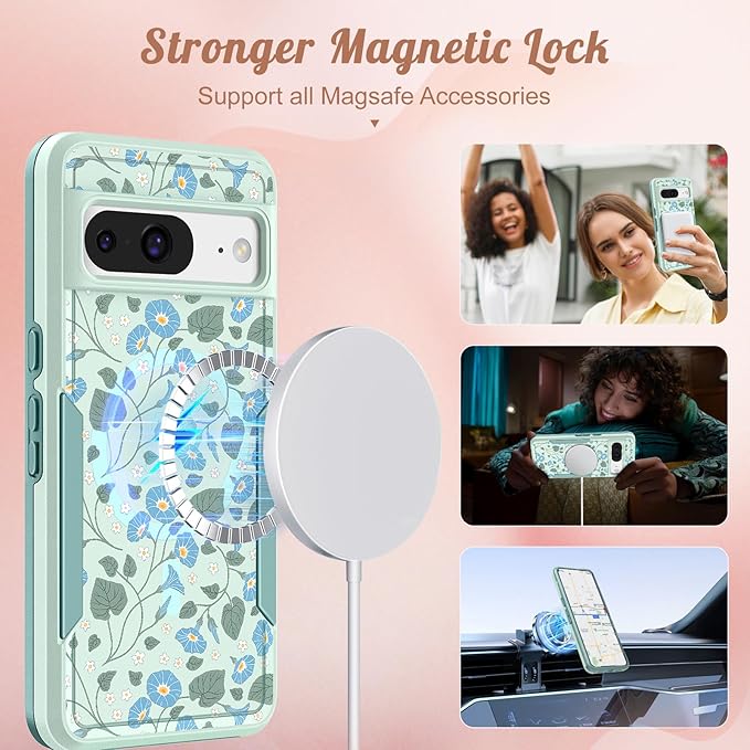 for Google Pixel 8 Case 6.2 Inch - Compatible with MagSafe Women Girls Cute Magnetic Protective Cover Unique Girly Blue Flowers Heavy Duty Shockproof Design for Google Pixel 8 Phone Cases