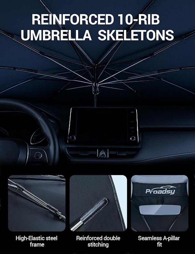 Proadsy Windshield Sun Shade Umbrella for Subaru Forester 2019-2025 2026 Foldable Car Umbrella Sunshade with Soft TPU Handle Spring Structure Crystal Cooling Material Protect Car from Rays & Heat