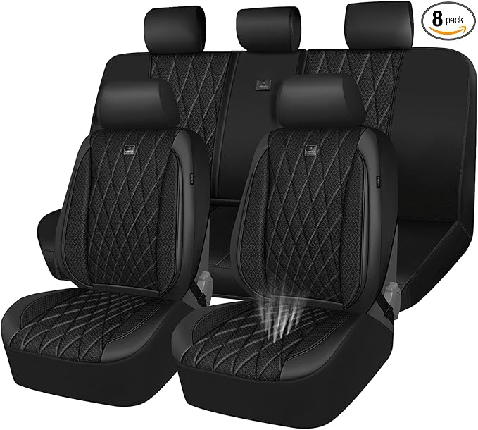 CAR PASS Thick Foam 3D Mesh Leather Car Seat Covers Full Set, Luxury Breathable Premuim Faux Leather Automotive Seat Covers, Airbag Compatible Universal Fit for Most Sedan Van Truck SUV, Pure Black
