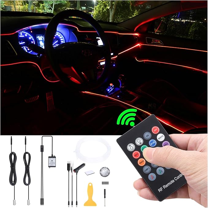 Car Ambient Lighting Kit 8 Colors Multicoloured Music Optic Fiber RF Remote Control Car DIY Decorative Atmosphere Lighting DC 12V 1W 3m