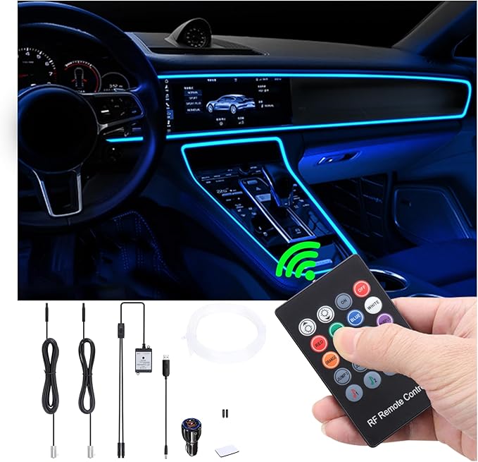 USB car Ambient Lighting Optic Fiber 8 Colors Music Sound Active with RF Remote Control Car Decorative Atmosphere Lighting Kit DC 12V 1W 3m with QC 3.0 Car Charger