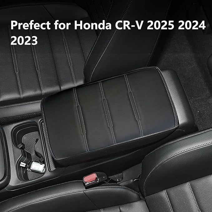 Center Console Pad Armrest Box Cover for Honda 2025 2024 2023 CRV LX EX EXL Sport Hybrid Sport Touring,Black Leather Protector Accessories for CR-V 2023 2024 2025(Orange Stitches)