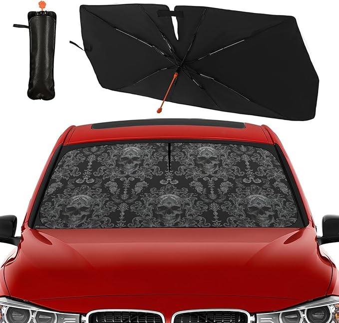 Socira Gothic Skull Car Windshield Sunshade Umbrella Foldable Umbrella Sun Shade Windshield Cover Sunshade Skull Accessories Blocks Uv Rays Keeps Cool (57" X 30")