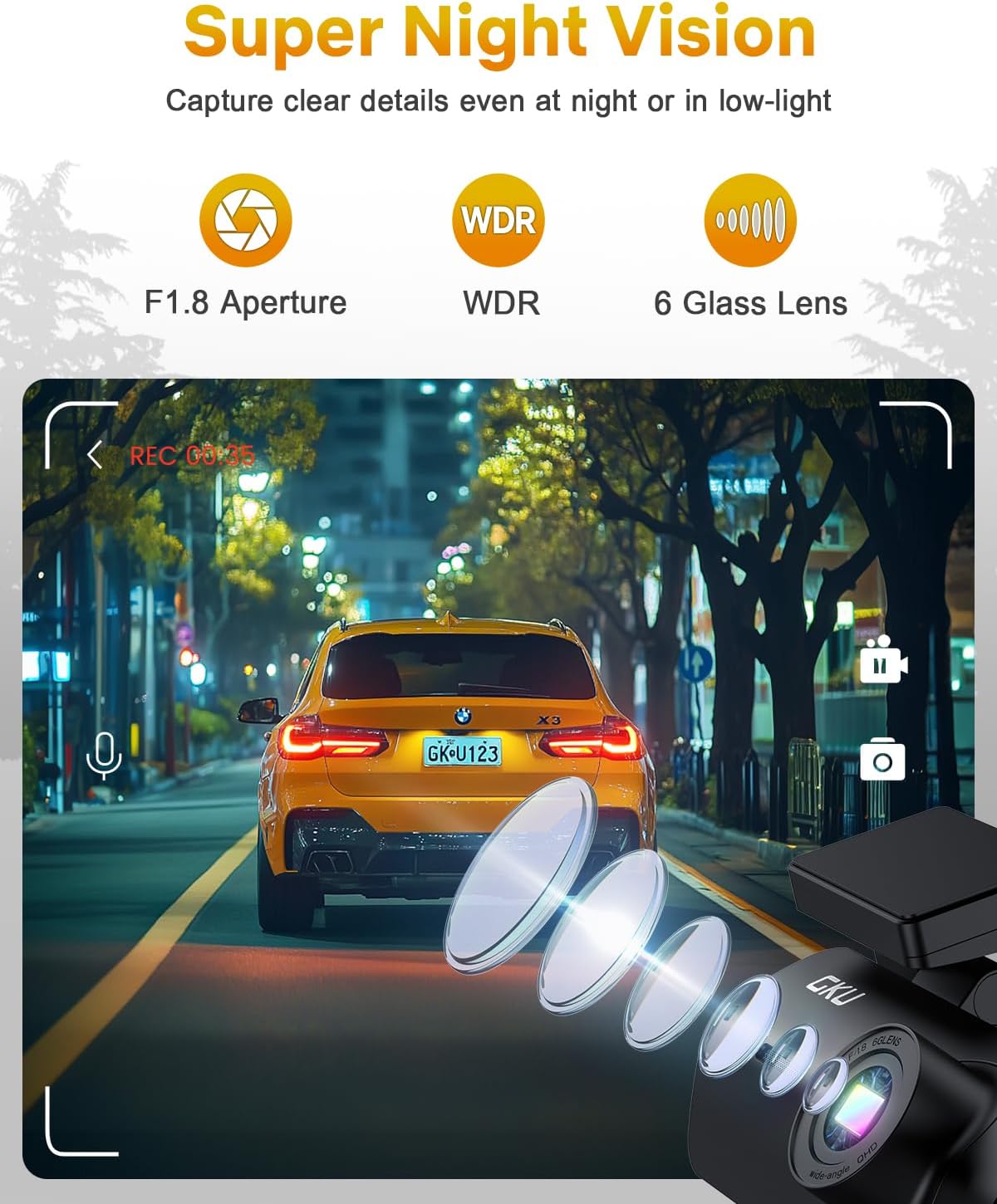 GKU 4K Dash Cam,Dash Cam Front with UHD 2160P, DashCam Built-in WiFi, 24H Parking Monitor,Night Vision,WDR,170° Wide Angle,Loop Recording,G-Sensor,DashCam Includes 64GB Card (Black)