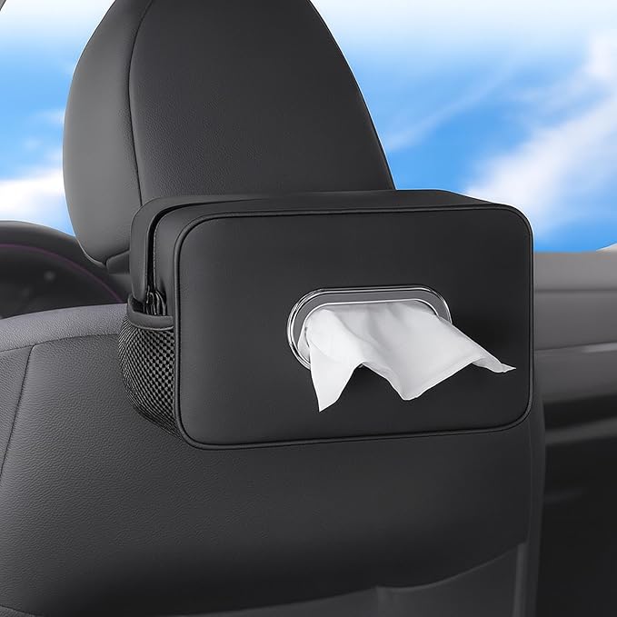 Multi-Functional Car Tissue Holder with ‌2 Storage Nets, Upgraded PU Leather Tissue Box Cover, Large Rectangle Napkin Organizer Fit for 100-160 Regular Size Tissues, Keep Car Tidy, Black