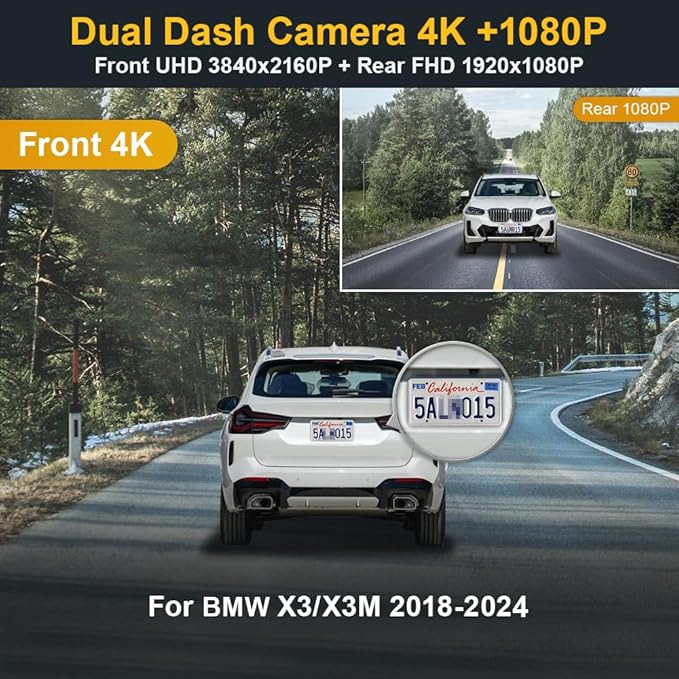 Fitcamx Front 4K+Rear 1080P Dash Cam Adapts for BMW X3 X3 2018-2024 M M40i Sdrive Xdrive30i 30e G01 (HD2-6153), OEM Look, Dual HD Video, WiFi & APP, Loop Recording, G-Sensor, Easy to Set, 128GB Card