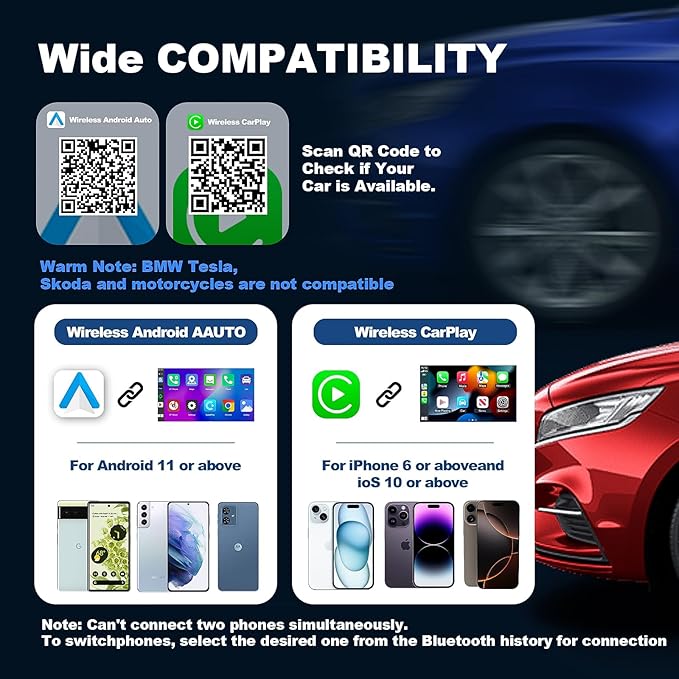 2 in 1 Mini Android Auto and Wireless CarPlay Adapter Convert Factory Wired to Wireless Dongle, Compact Size USB CarPlay Wireless Stick AAndroid Auto Adapter for iOS 12+/Android No Delay