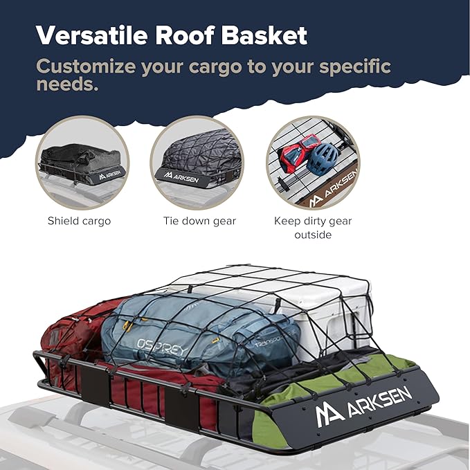 ARKSEN 54 x 34 x 6 Inch Universal Roof Rack with Extension, Cargo Net, 2 Straps, 150 LBS Heavy Duty Capacity Rooftop Cargo Basket for SUV, Truck, RV, Pickup