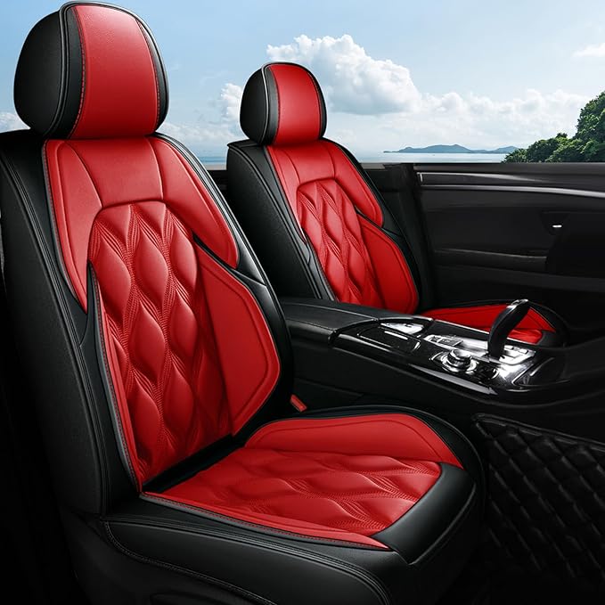 AOMSAZTO Front Seat Covers Fit for Hyundai Santa Fe 2009-2026 Waterproof Faux Leather Car Seat Cover Compatible with Airbag(2PCS Front, Black&Red)